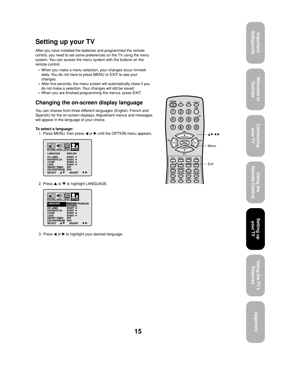 Toshiba 20AF43, 24AF43 appendix Setting up your TV, Changing the on-screen display language, To select a language 