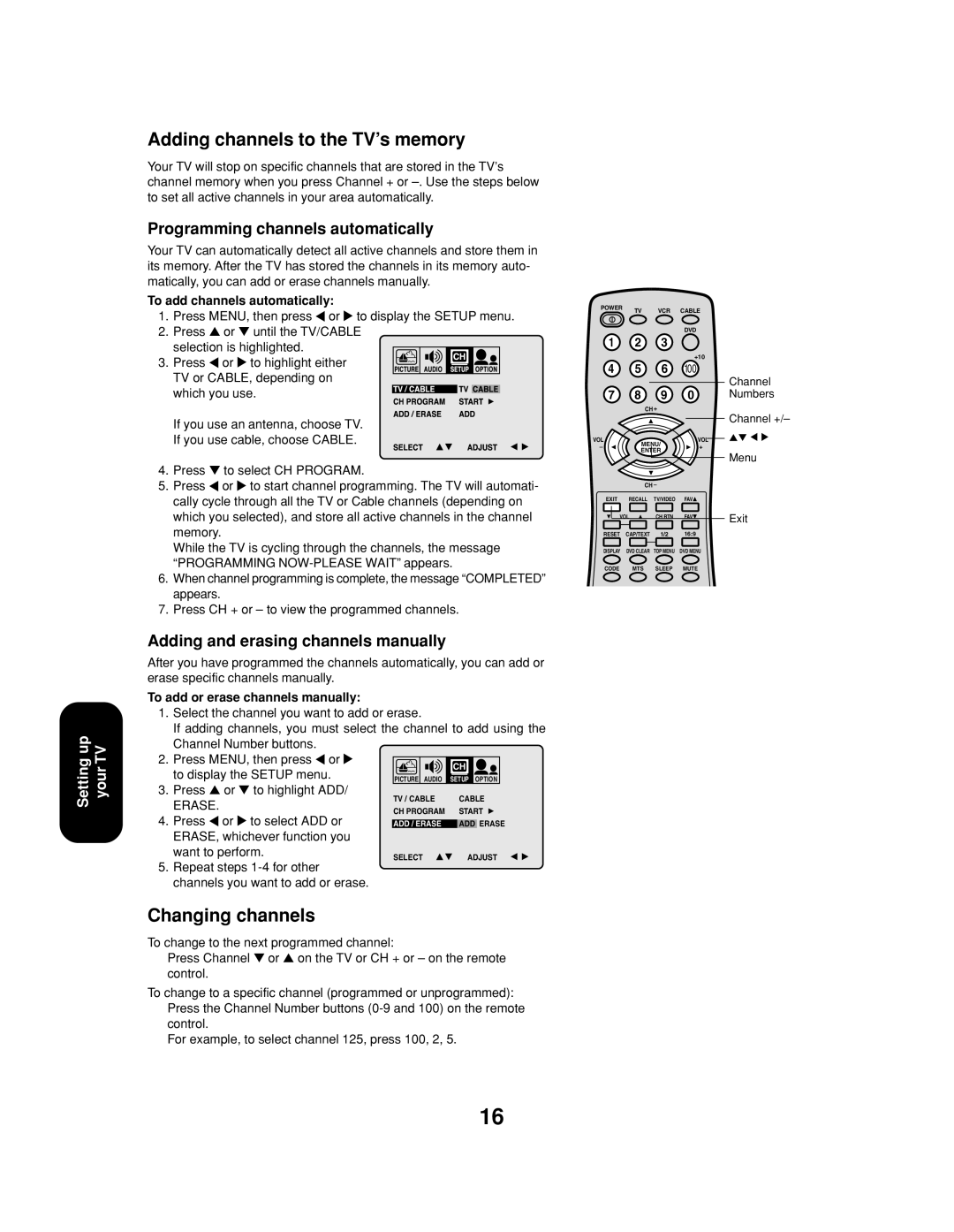 Toshiba 24AF43, 20AF43 appendix Adding channels to the TV’s memory, Changing channels, Programming channels automatically 