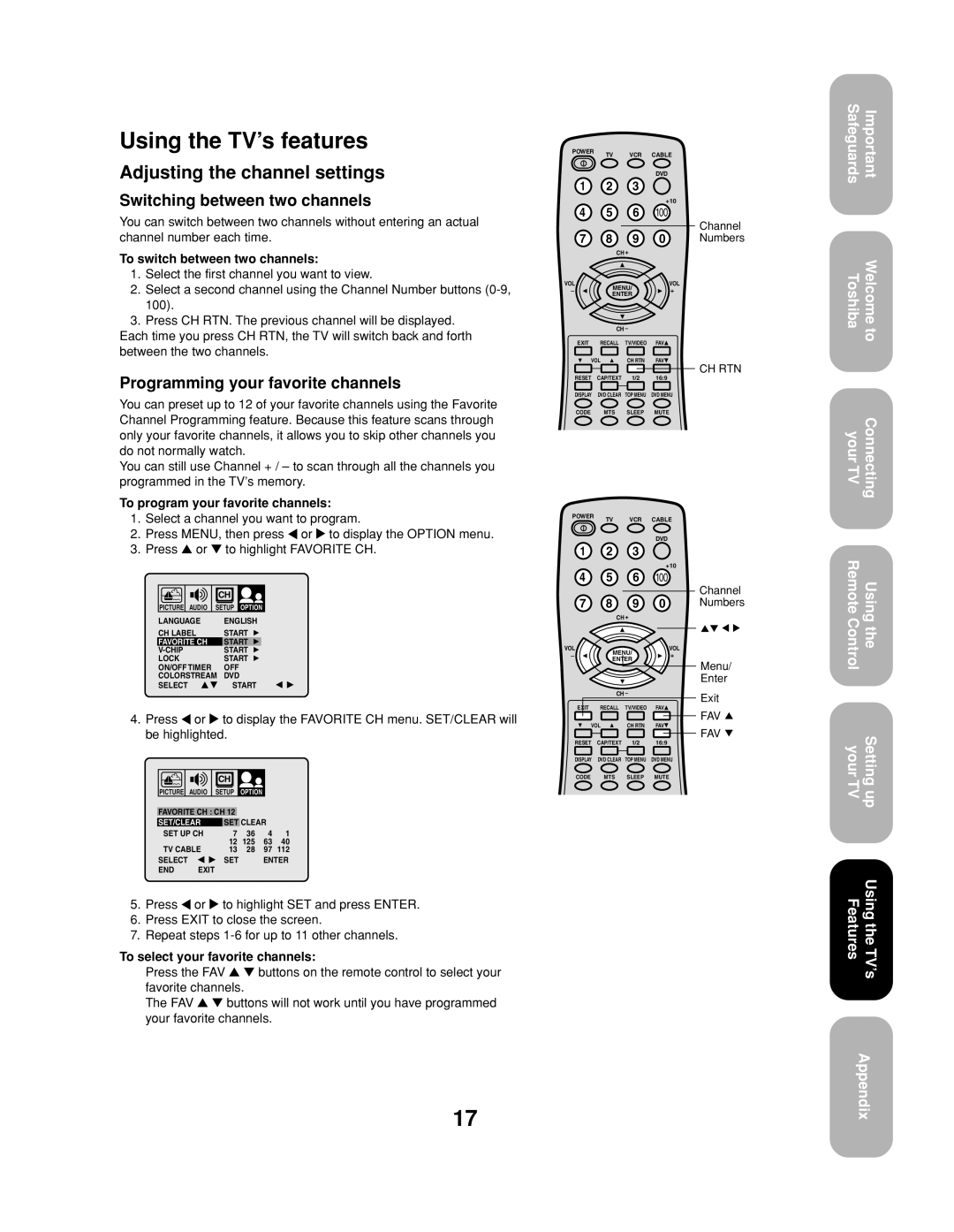 Toshiba 20AF43, 24AF43 appendix Using the TV’s features, Adjusting the channel settings, Switching between two channels 