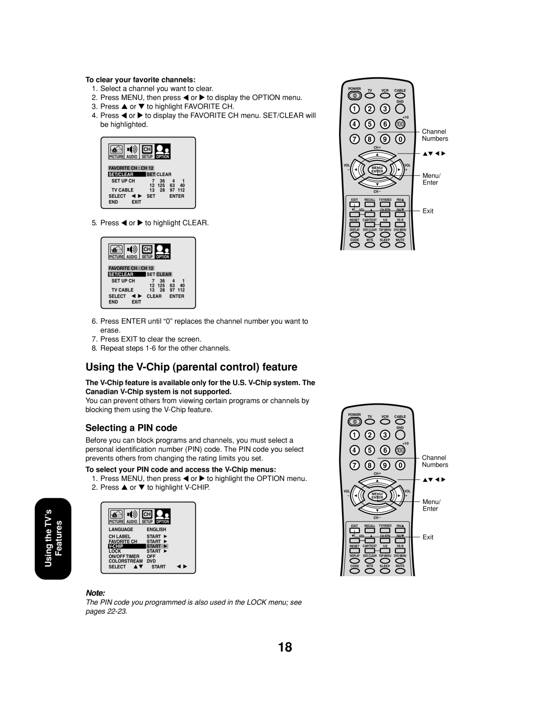 Toshiba 24AF43, 20AF43 Using the V-Chip parental control feature, Selecting a PIN code, To clear your favorite channels 