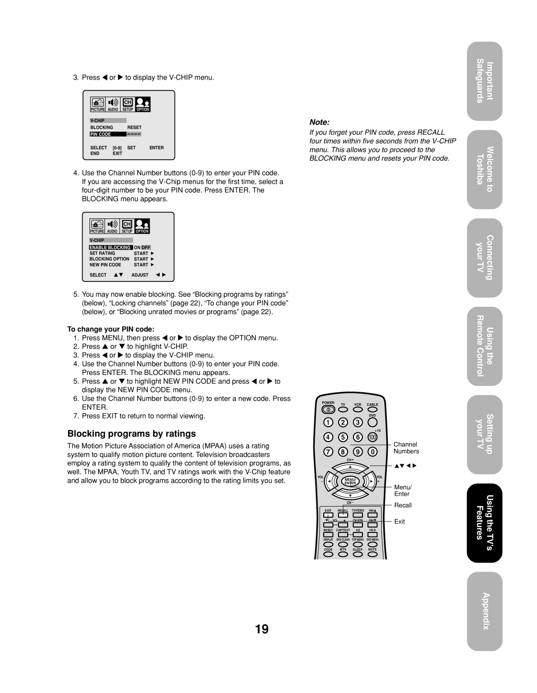 Toshiba 20AF43, 24AF43 Blocking programs by ratings, Press or to display the V-CHIP menu, To change your PIN code, Recall 