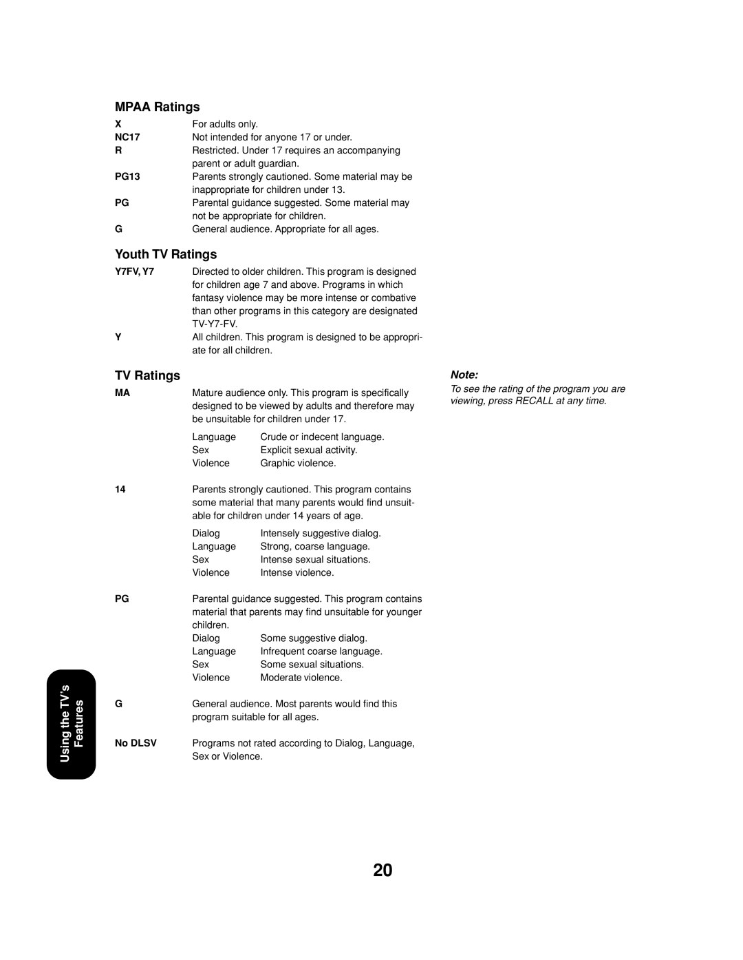 Toshiba 24AF43, 20AF43 appendix Mpaa Ratings, Youth TV Ratings 