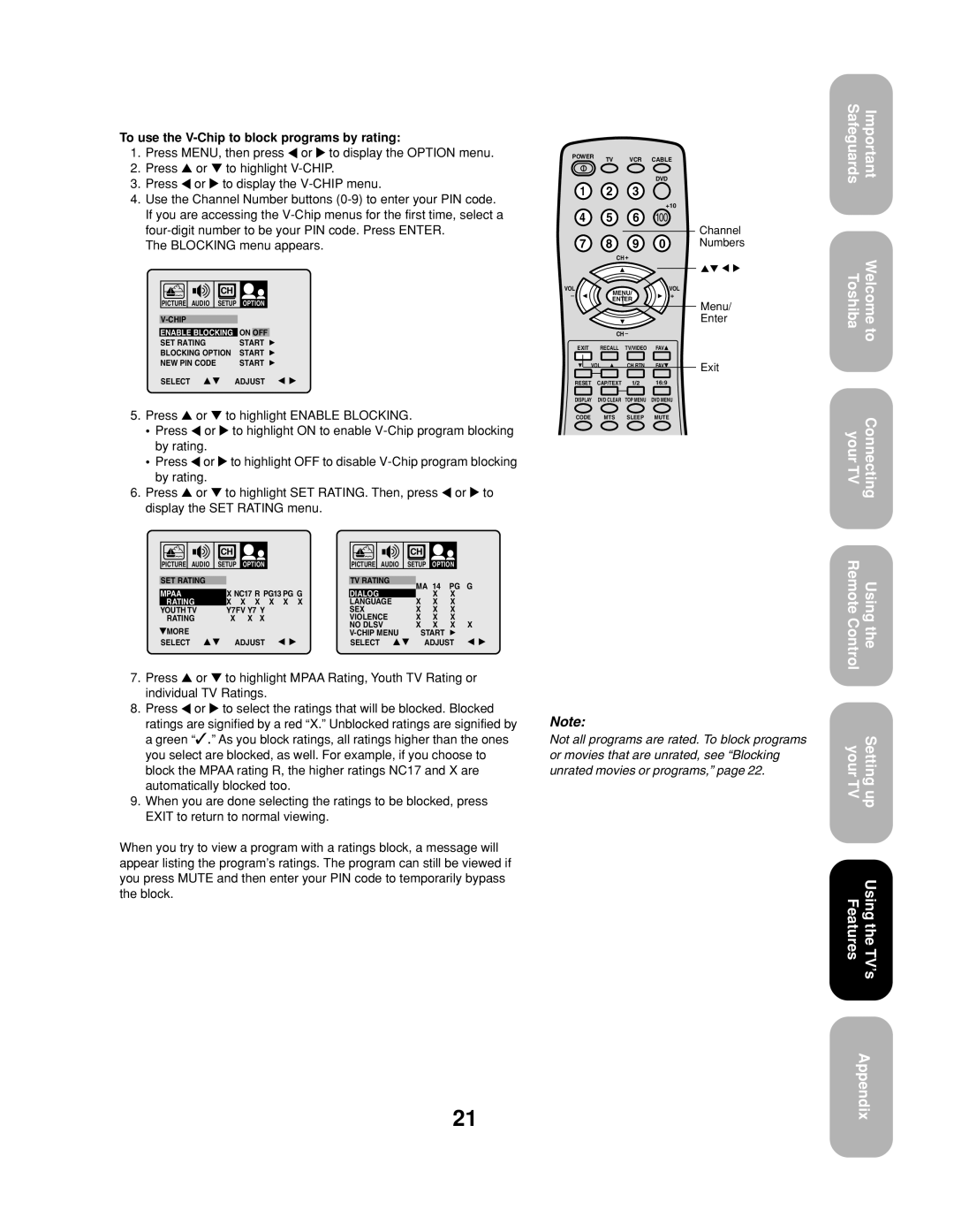 Toshiba 20AF43, 24AF43 appendix To use the V-Chip to block programs by rating, Dialog Rating 