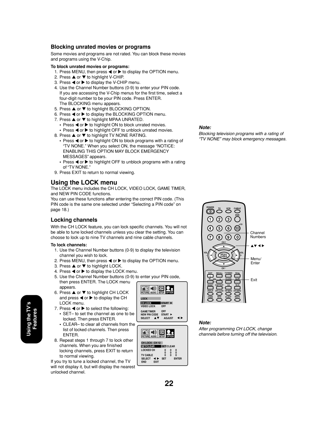 Toshiba 24AF43, 20AF43 appendix Using the Lock menu, Blocking unrated movies or programs, Locking channels 