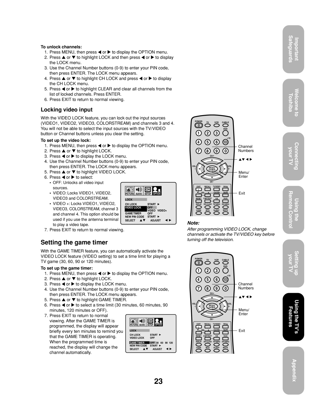 Toshiba 20AF43, 24AF43 appendix Setting the game timer, Locking video input 