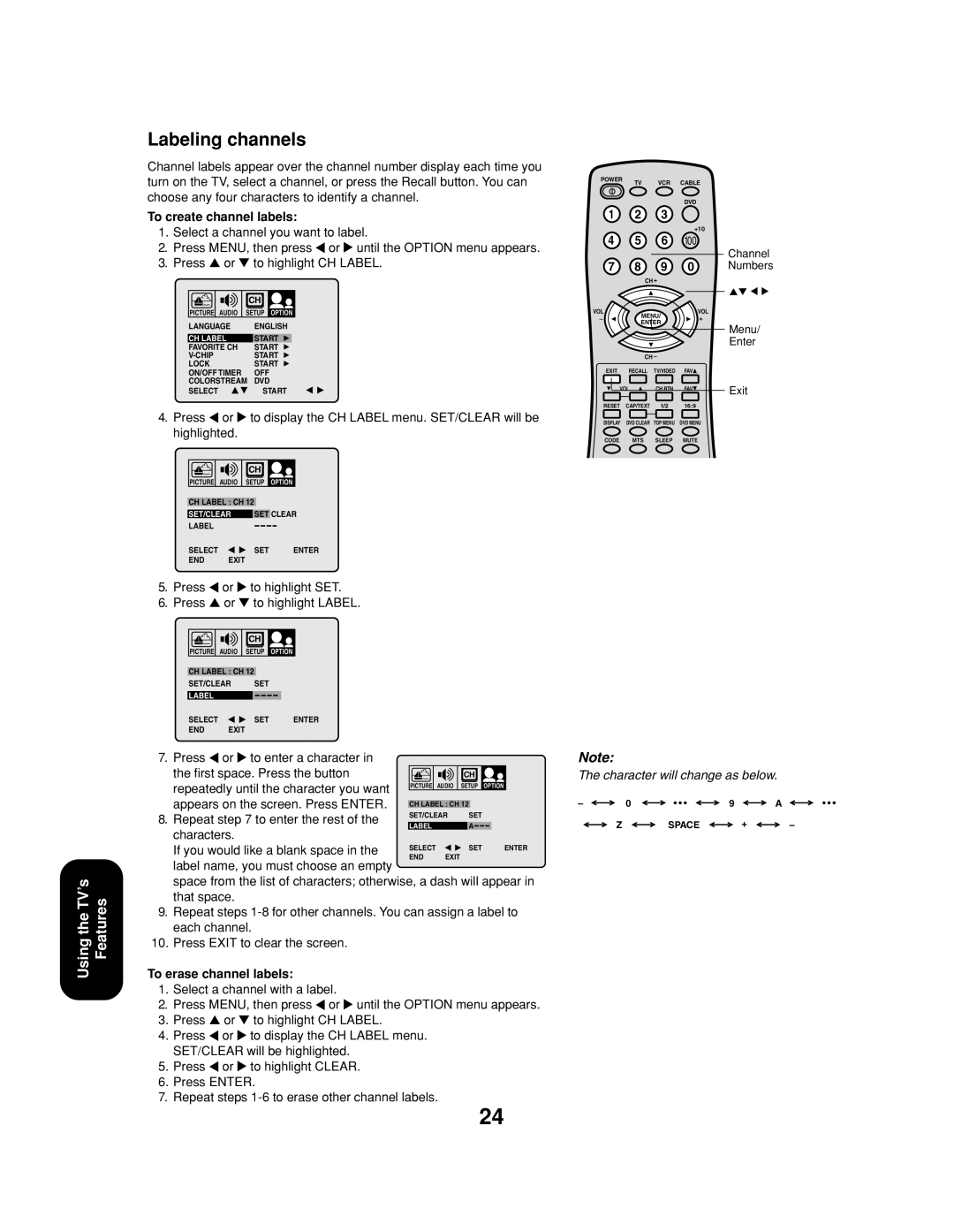 Toshiba 24AF43, 20AF43 appendix Labeling channels, To create channel labels, To erase channel labels 