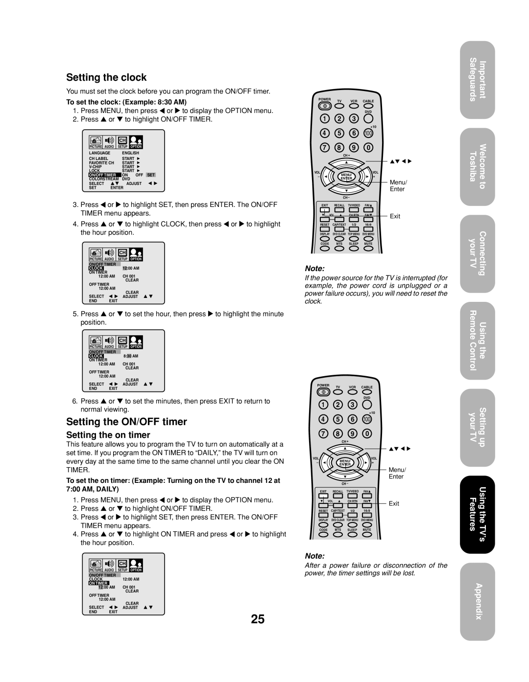 Toshiba 20AF43, 24AF43 Setting the clock, Setting the ON/OFF timer, Setting the on timer, To set the clock Example 830 AM 