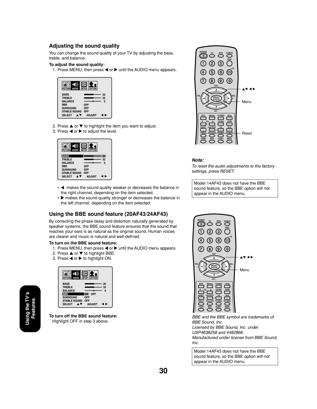 Toshiba appendix Adjusting the sound quality, Using the BBE sound feature 20AF43/24AF43, To adjust the sound quality 