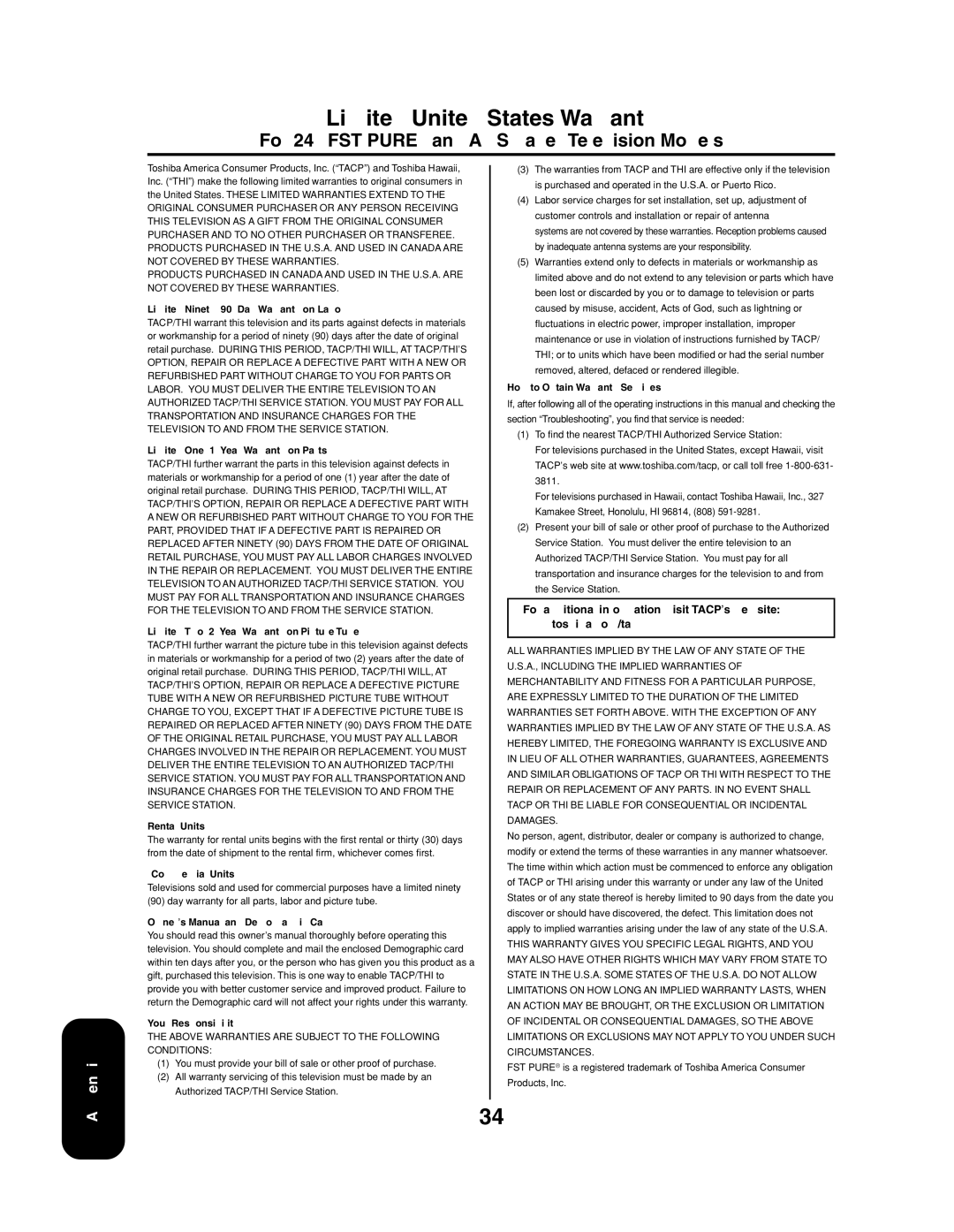 Toshiba 24AF43, 20AF43 appendix Limited United States Warranty, For 24 FST Pure and All Smaller Television Models 