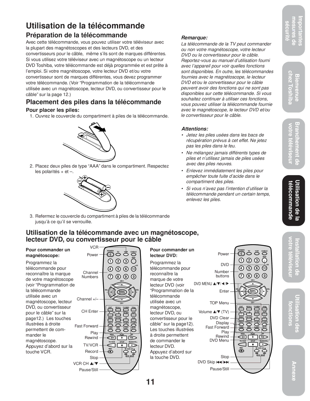 Toshiba 20AF43 Utilisation de la télécommande, Préparation de la télécommande, Placement des piles dans la télécommande 