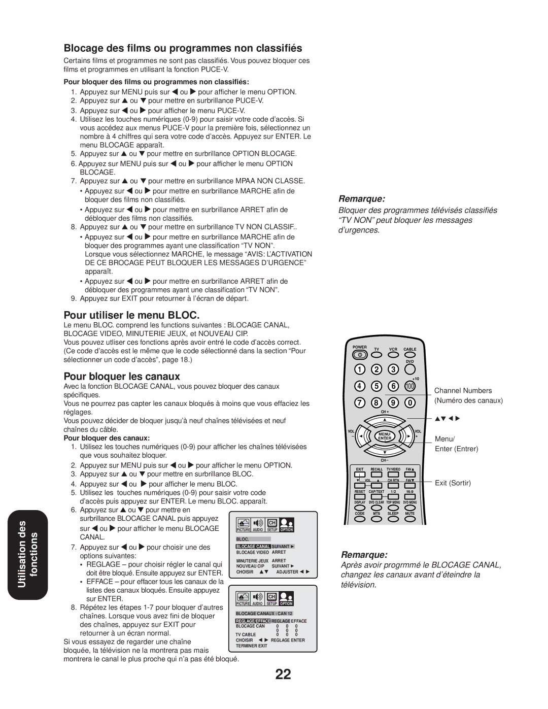 Toshiba 24AF43, 20AF43 Blocage des films ou programmes non classifiés, Pour utiliser le menu Bloc, Pour bloquer les canaux 