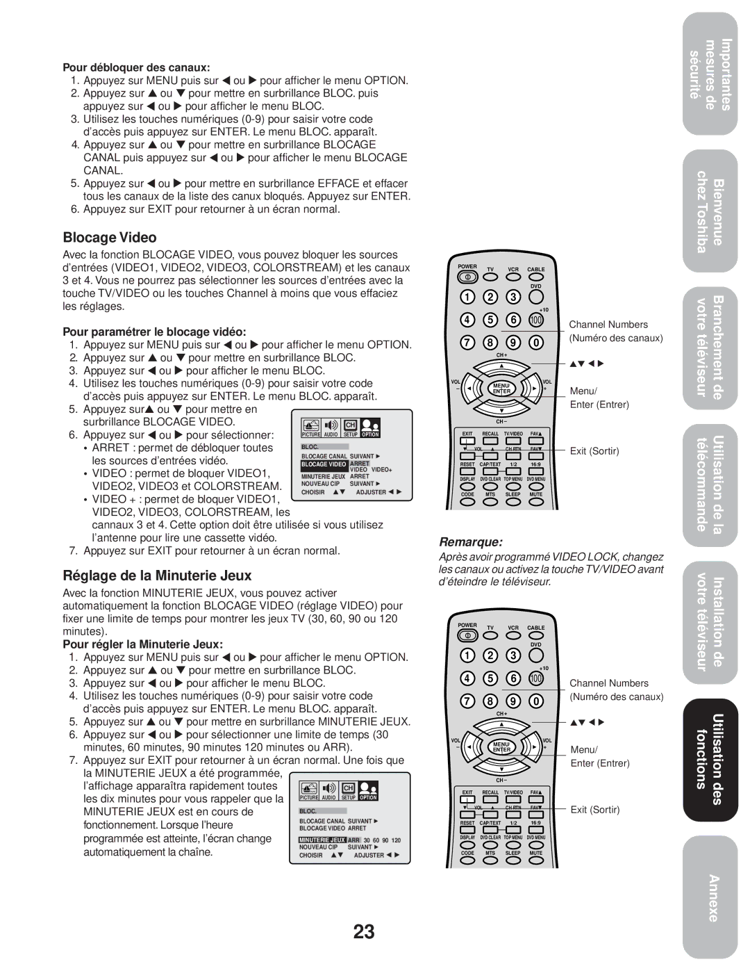 Toshiba 20AF43, 24AF43 appendix Blocage Video, Réglage de la Minuterie Jeux 