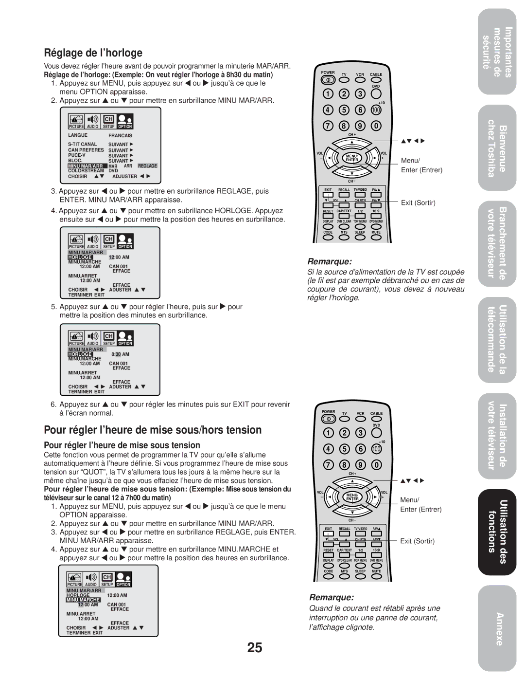 Toshiba 20AF43, 24AF43 appendix Réglage de l’horloge, Pour régler l’heure de mise sous/hors tension 