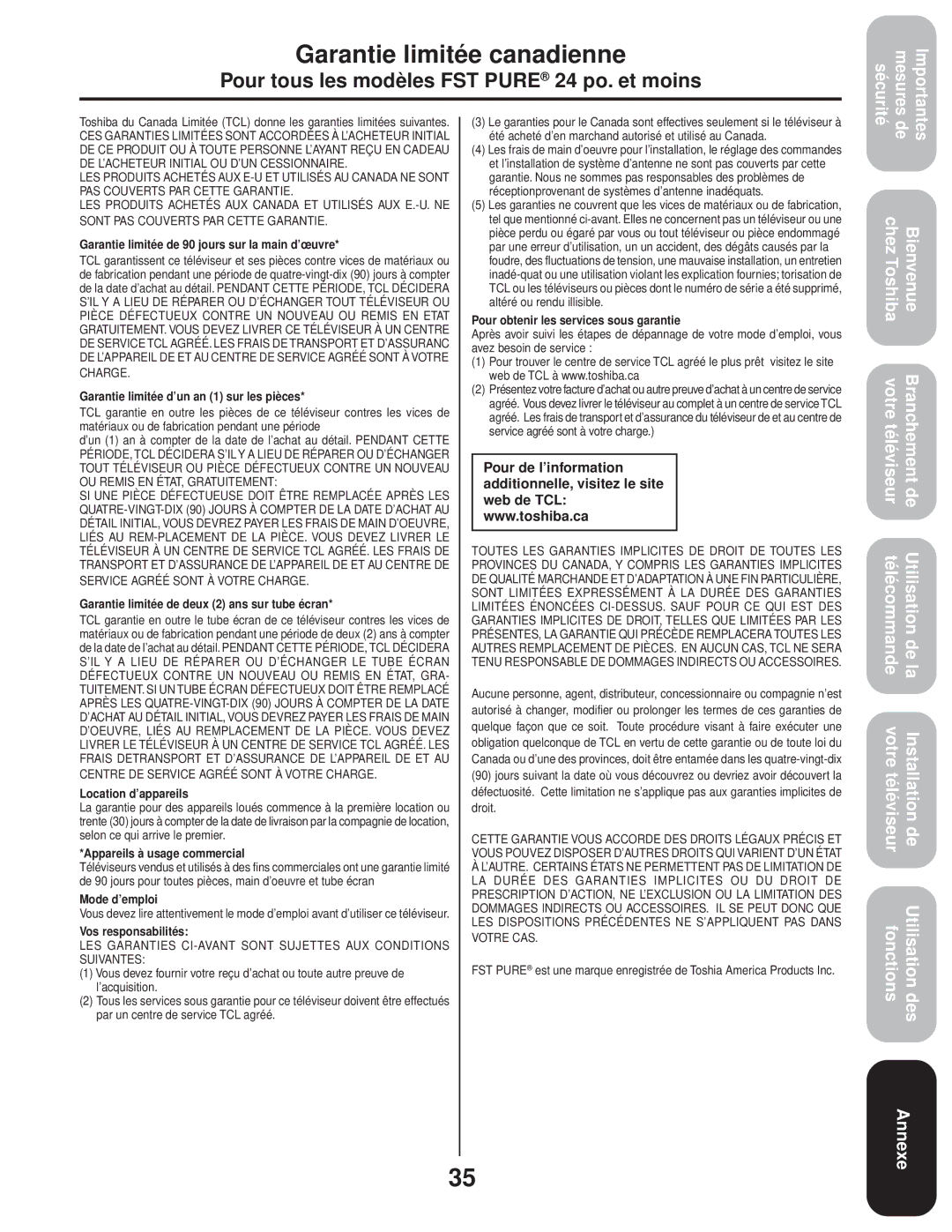 Toshiba 20AF43, 24AF43 appendix Garantie limitée canadienne, Garantie limitée de 90 jours sur la main d’œuvre, Mode d’emploi 