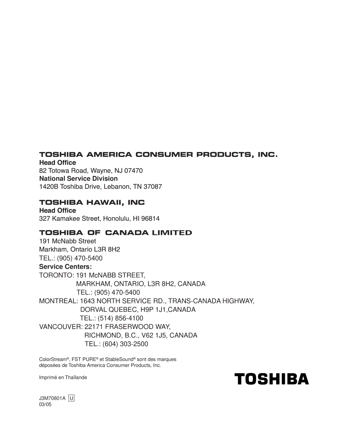 Toshiba 24AF43, 20AF43 appendix Imprimé en Thaïlande J3M70801A U 03/05 