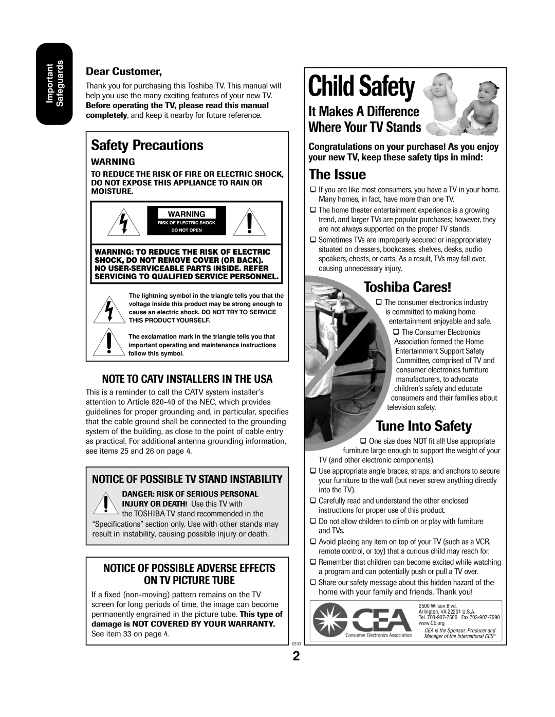 Toshiba 24AF43 Child Safety, Safety Precautions, It Makes A Difference Where Your TV Stands, The Issue, Toshiba Cares 