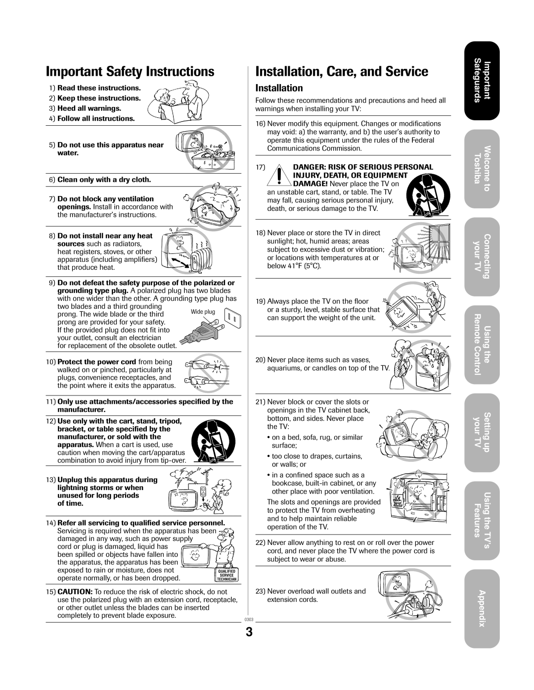 Toshiba 20AF43, 24AF43 appendix Important Safety Instructions, Installation, Care, and Service, your TVSetting up, Appendix 