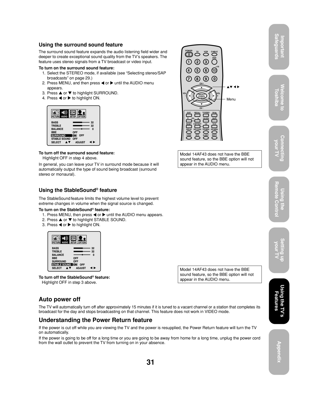 Toshiba 20AF43 TREBLSTABLURROELECTBELANEECEUNDSOUNDOFFNOFFADJUST0, Stablurroelecteundsoundoffnadjustoff, Auto power off 