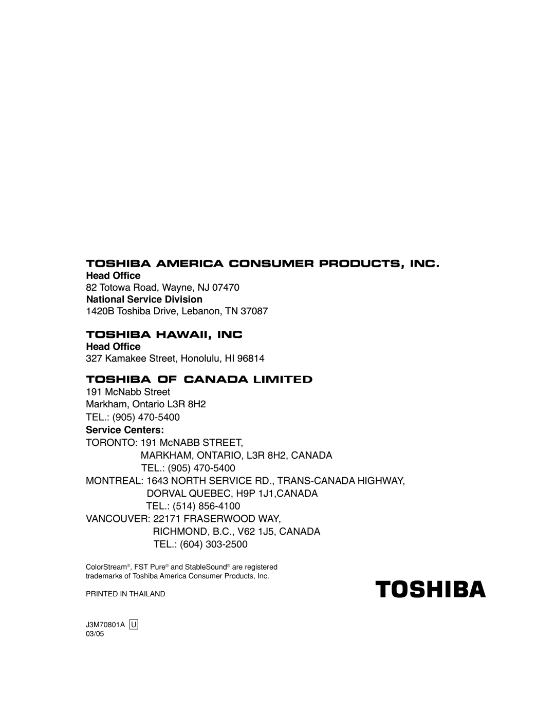Toshiba 24AF43, 20AF43 appendix National Service Division, Service Centers 