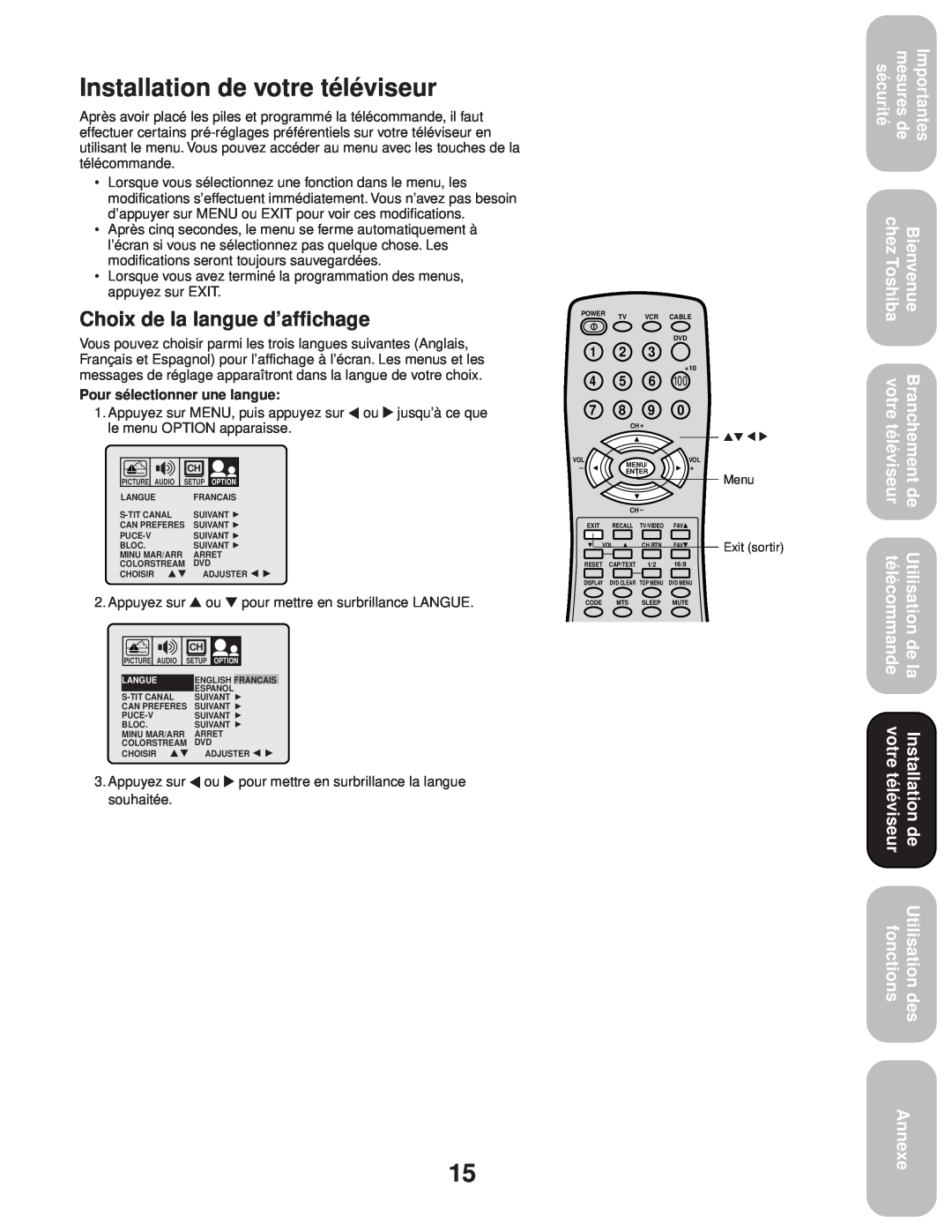 Toshiba 20AF43 Installation de votre téléviseur, Choix de la langue d’affichage, Bienvenue, télécommande, fonctions 