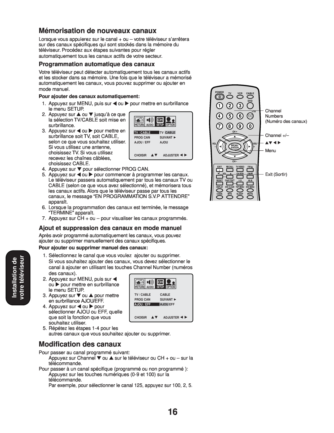 Toshiba 24AF43, 20AF43 appendix Mémorisation de nouveaux canaux, Modification des canaux, Installation de, votre téléviseur 