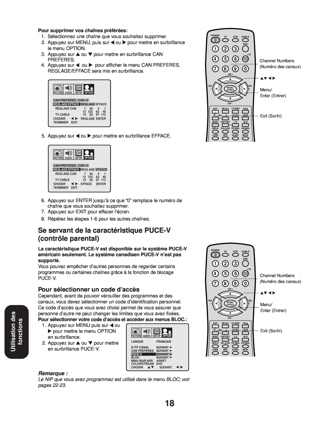 Toshiba 24AF43, 20AF43 Se servant de la caractéristique PUCE-V contrôle parental, Utilisation des fonctions, Remarque 