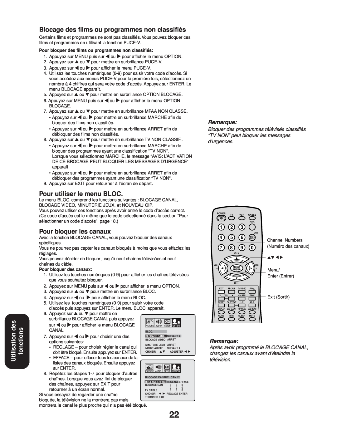 Toshiba 24AF43 Utilisation des fonctions, Blocage des films ou programmes non classifiés, Pour utiliser le menu BLOC 