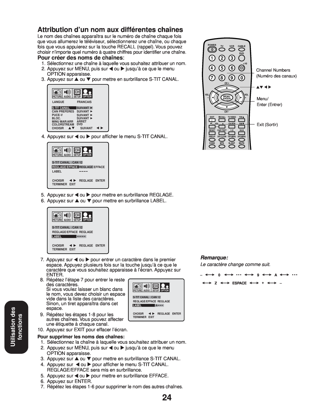 Toshiba 24AF43 Attribution d’un nom aux différentes chaînes, Utilisation des fonctions, Pour créer des noms de chaînes 