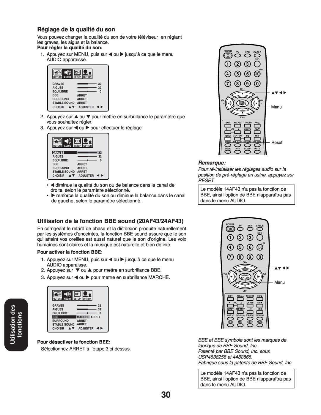 Toshiba appendix Réglage de la qualité du son, Utilisaton de la fonction BBE sound 20AF43/24AF43, Remarque, Reset 