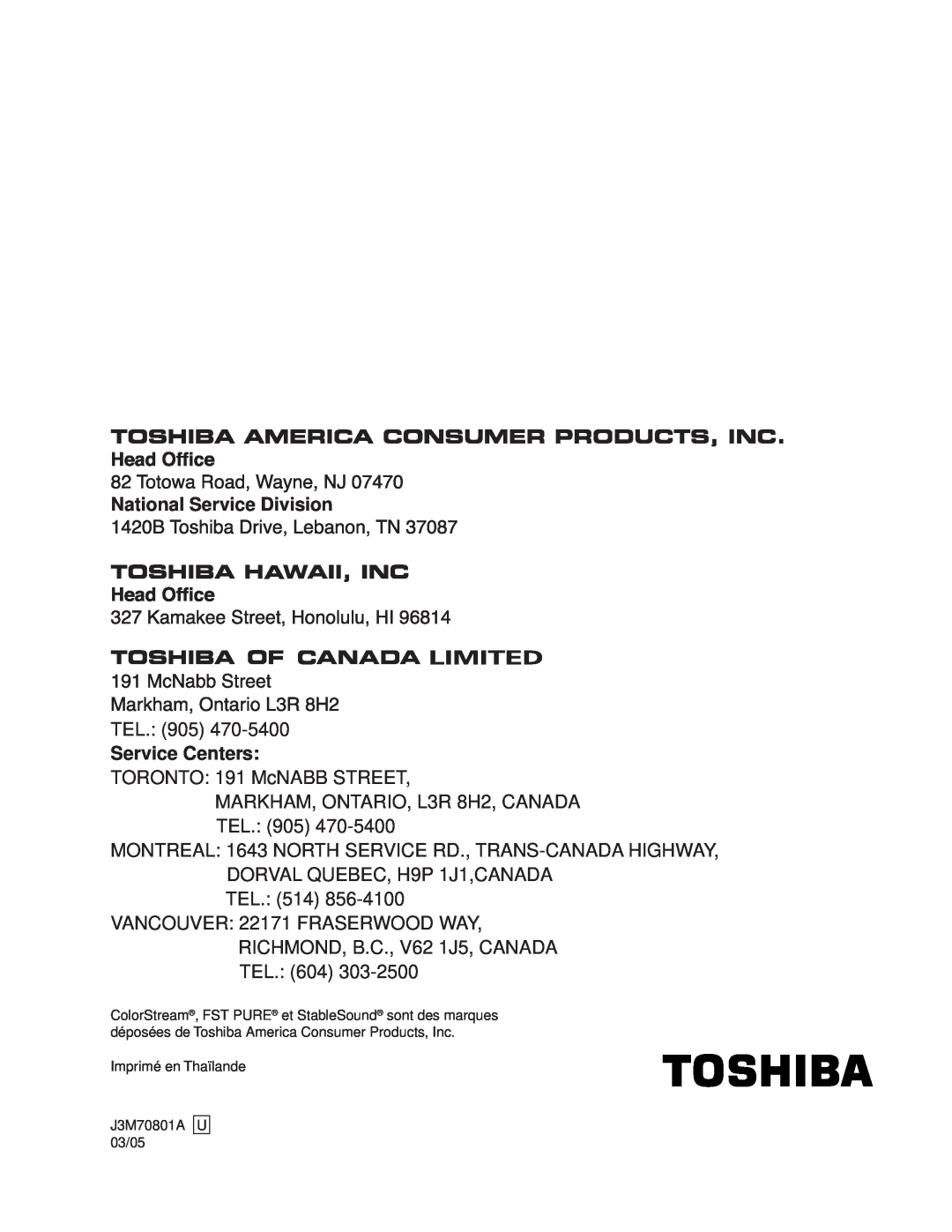 Toshiba 24AF43, 20AF43 appendix National Service Division, Service Centers, Imprimé en Thaïlande J3M70801A U 03/05 