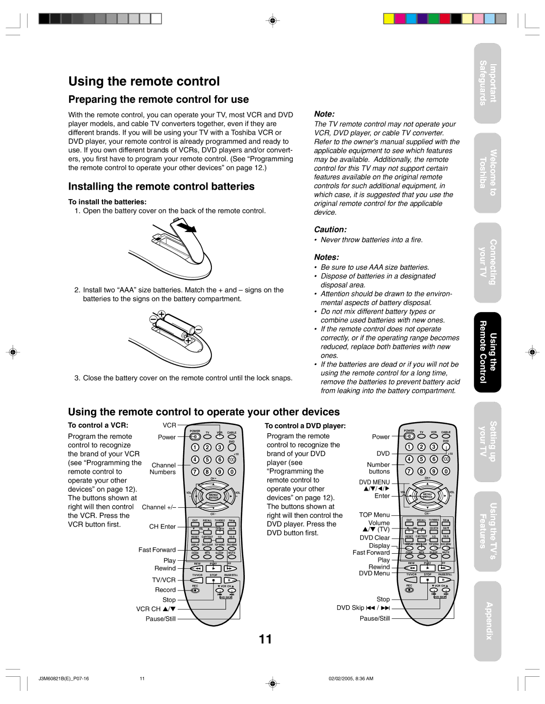 Toshiba 24AF45 Using the remote control, Preparing the remote control for use, Installing the remote control batteries 