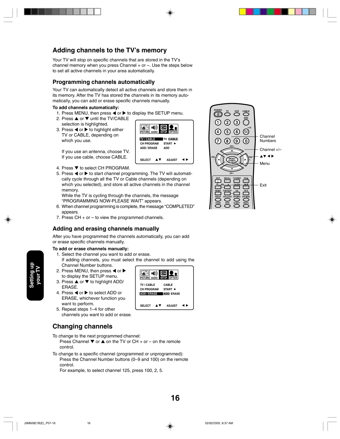 Toshiba 24AF45 appendix Adding channels to the TV’s memory, Changing channels, Programming channels automatically 