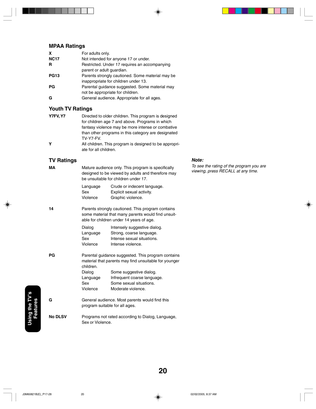 Toshiba 24AF45 appendix Mpaa Ratings, Youth TV Ratings 