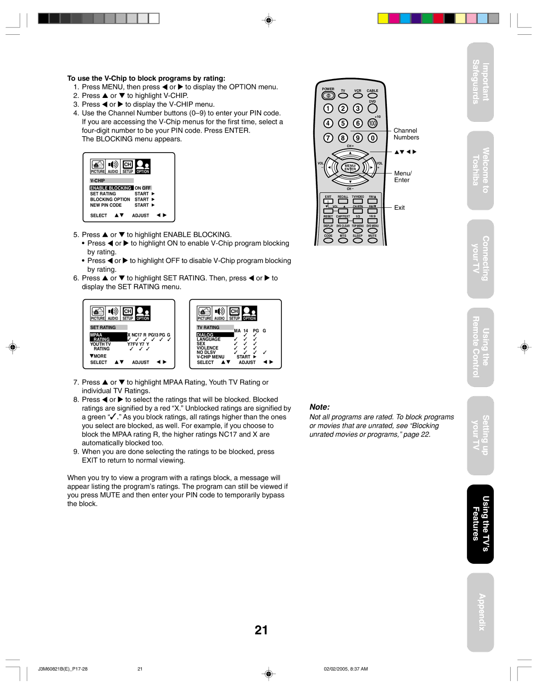 Toshiba 24AF45 appendix Safeguards Toshiba Your TV Welcome to Connecting, To use the V-Chip to block programs by rating 