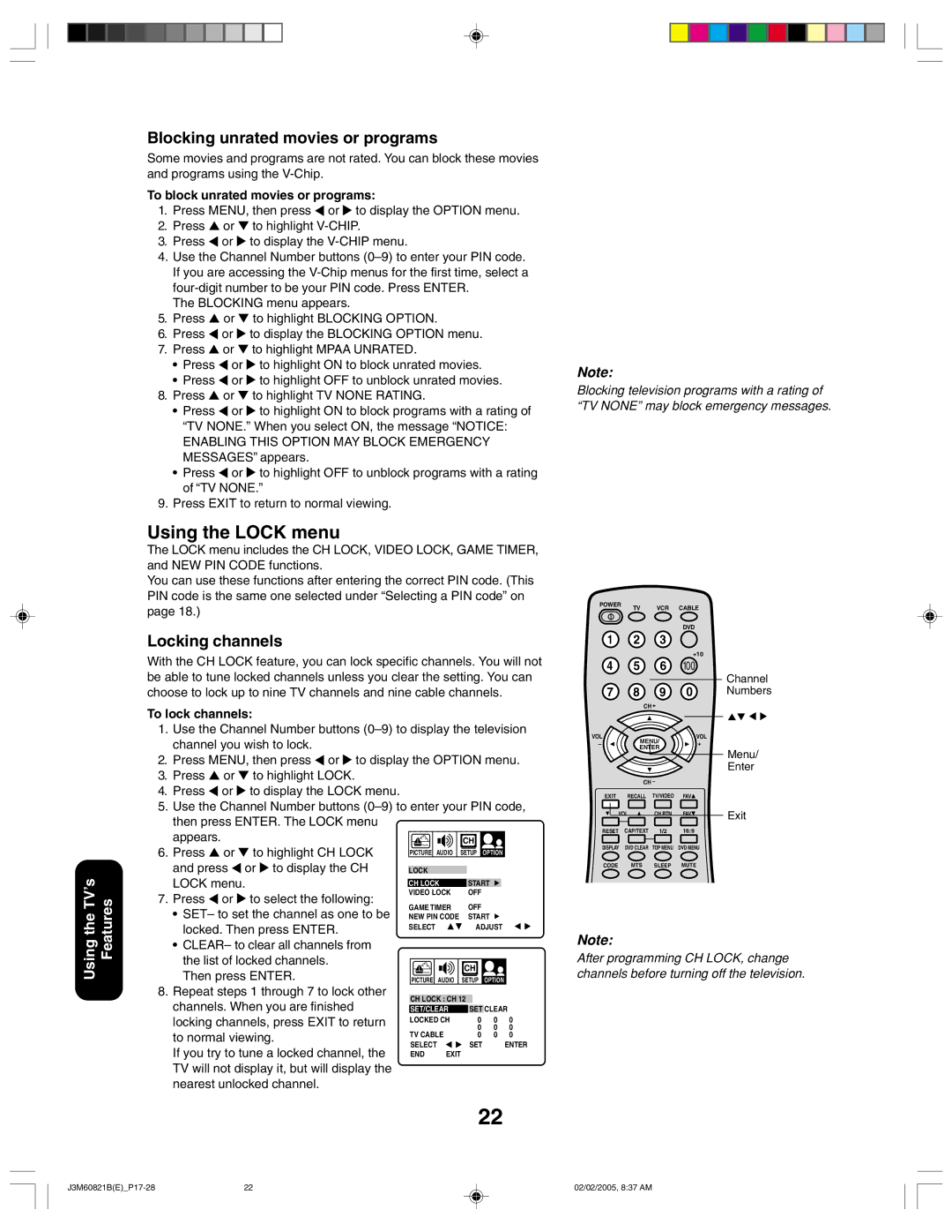 Toshiba 24AF45 appendix Using the Lock menu, Blocking unrated movies or programs, Locking channels 