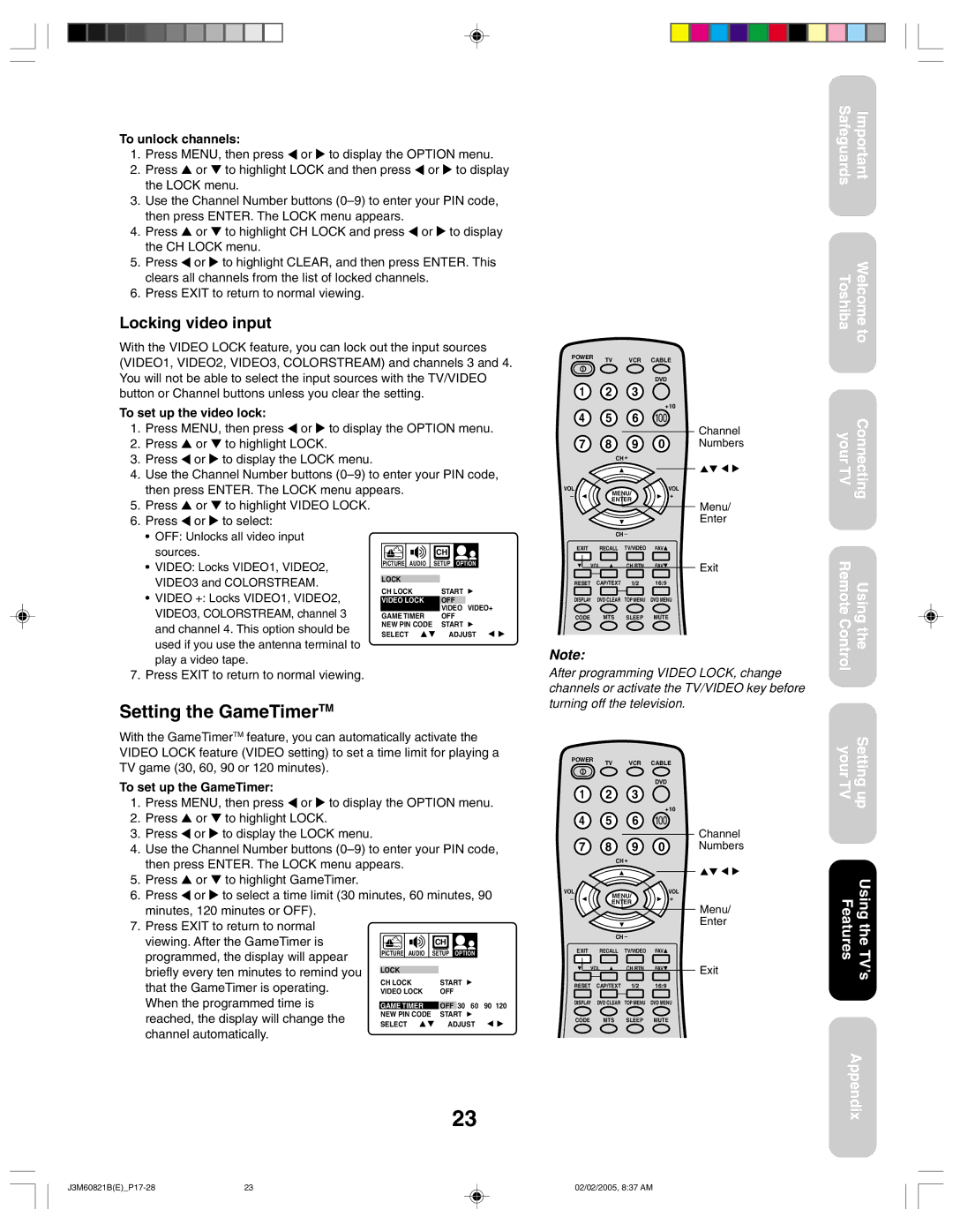 Toshiba 24AF45 appendix Setting the GameTimerTM, Locking video input 