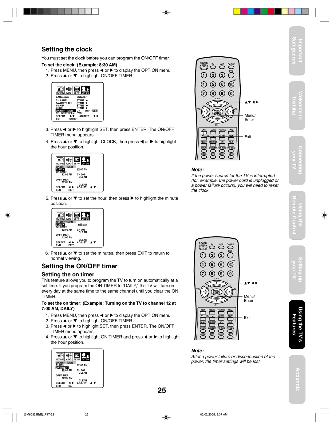 Toshiba 24AF45 appendix Setting the clock, Setting the ON/OFF timer, Setting the on timer, To set the clock Example 830 AM 