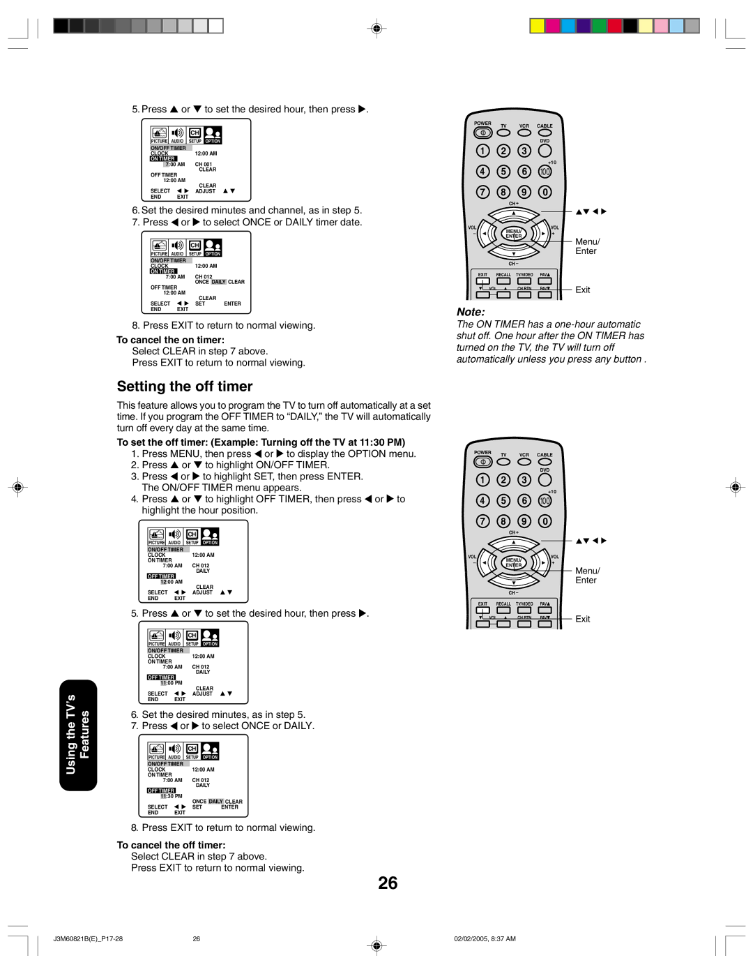 Toshiba 24AF45 appendix Setting the off timer, Press or to set the desired hour, then press, To cancel the on timer 