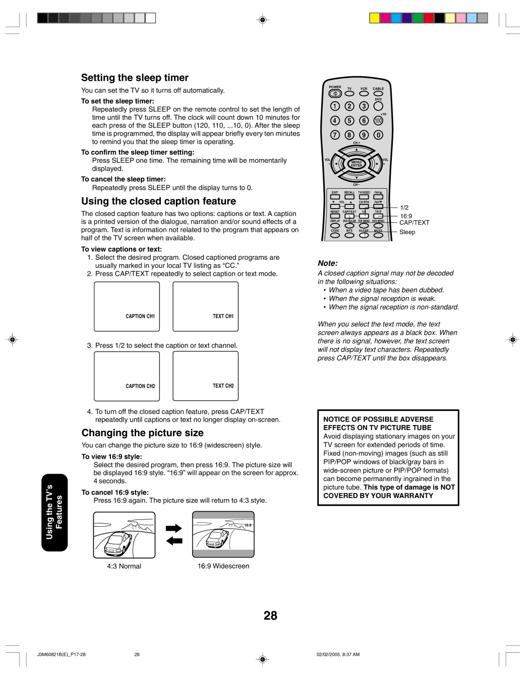 Toshiba 24AF45 appendix Setting the sleep timer, Using the closed caption feature, Changing the picture size 