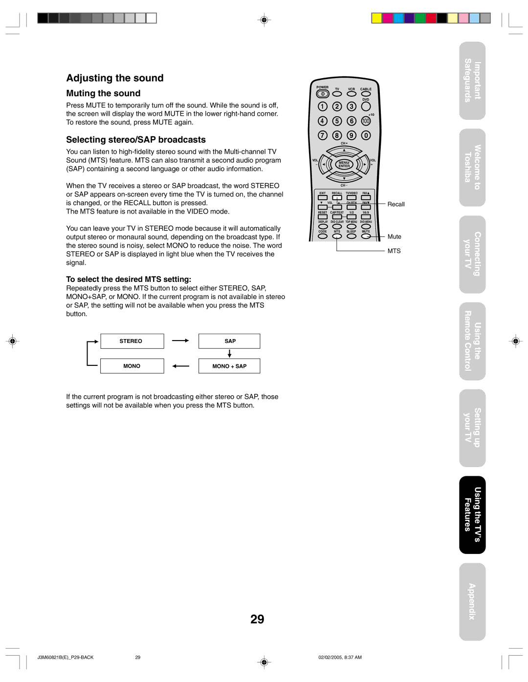 Toshiba 24AF45 appendix Adjusting the sound, Muting the sound, Selecting stereo/SAP broadcasts 