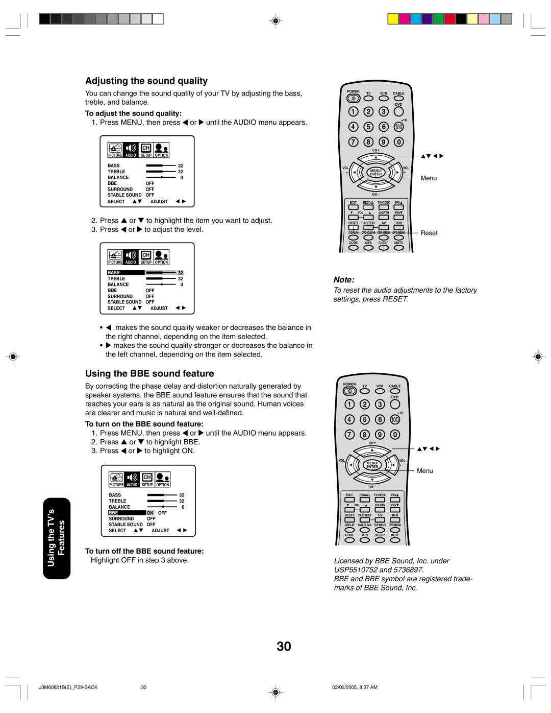 Toshiba 24AF45 appendix Adjusting the sound quality, Using the BBE sound feature, To adjust the sound quality 