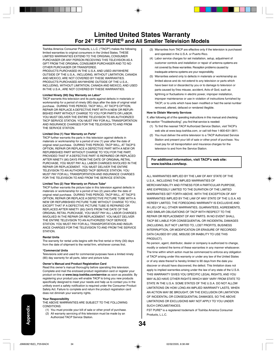 Toshiba 24AF45 appendix Limited United States Warranty, For 24 FST Pure and All Smaller Television Models 