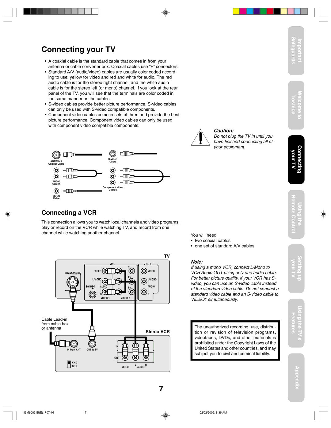 Toshiba 24AF45 appendix Connecting your TV, Connecting a VCR, Stereo VCR 