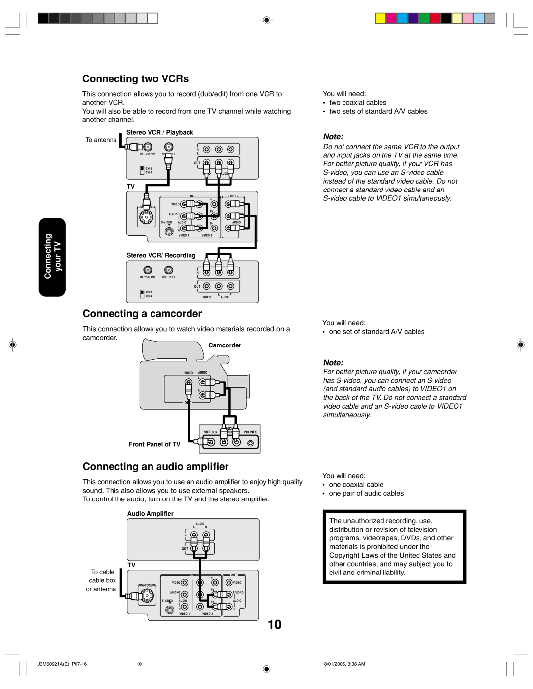 Toshiba 24AF45C appendix Connecting two VCRs, Connecting a camcorder, Connecting an audio amplifier, One coaxial cable 