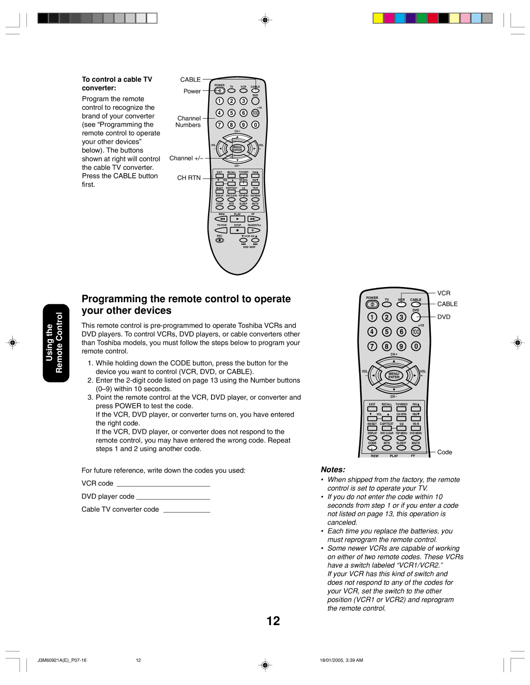 Toshiba 24AF45C appendix Programming the remote control to operate your other devices, To control a cable TV converter 