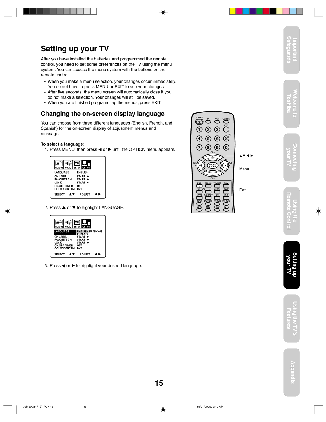 Toshiba 24AF45C appendix Setting up your TV, Changing the on-screen display language, To select a language 