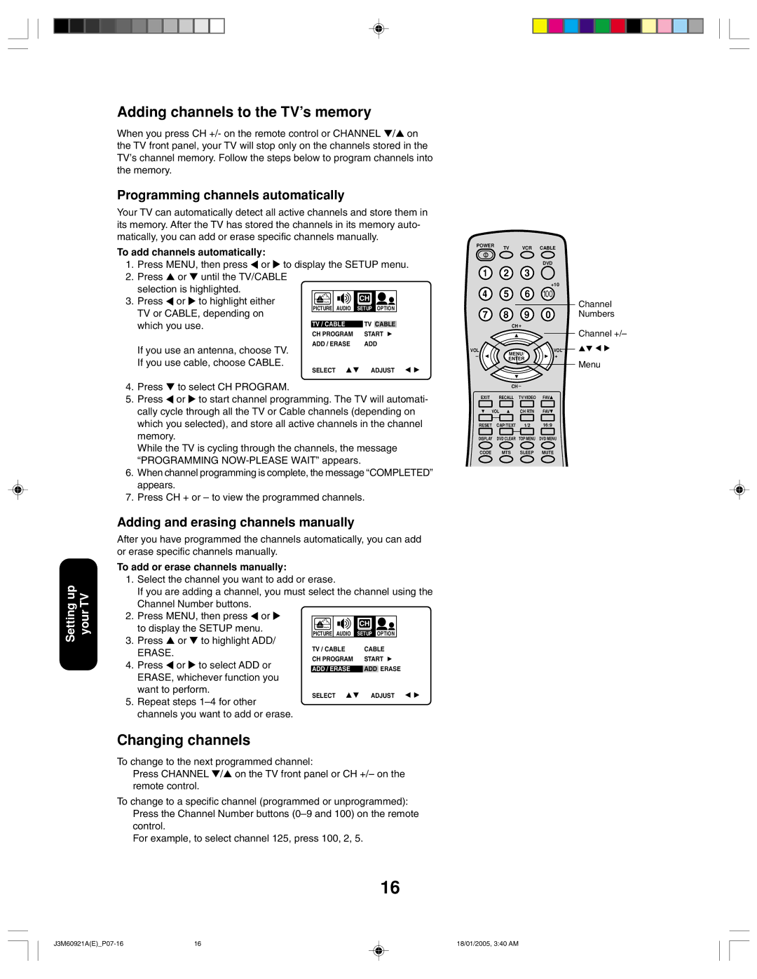 Toshiba 24AF45C appendix Adding channels to the TV’s memory, Changing channels, Programming channels automatically 