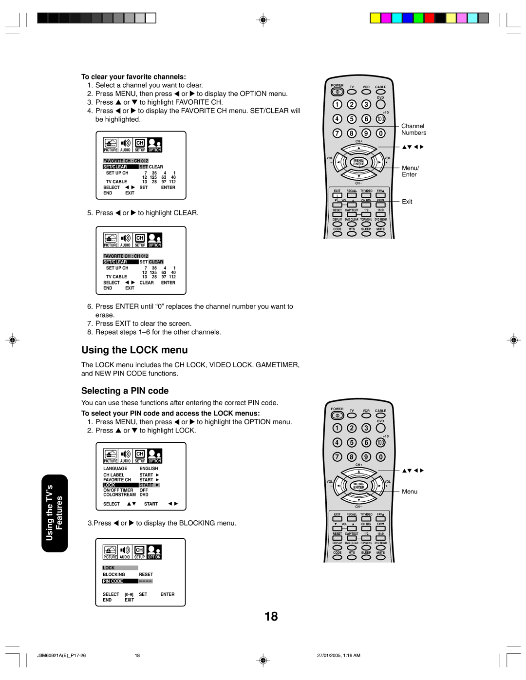 Toshiba 24AF45C appendix Using the Lock menu, Selecting a PIN code, To clear your favorite channels 