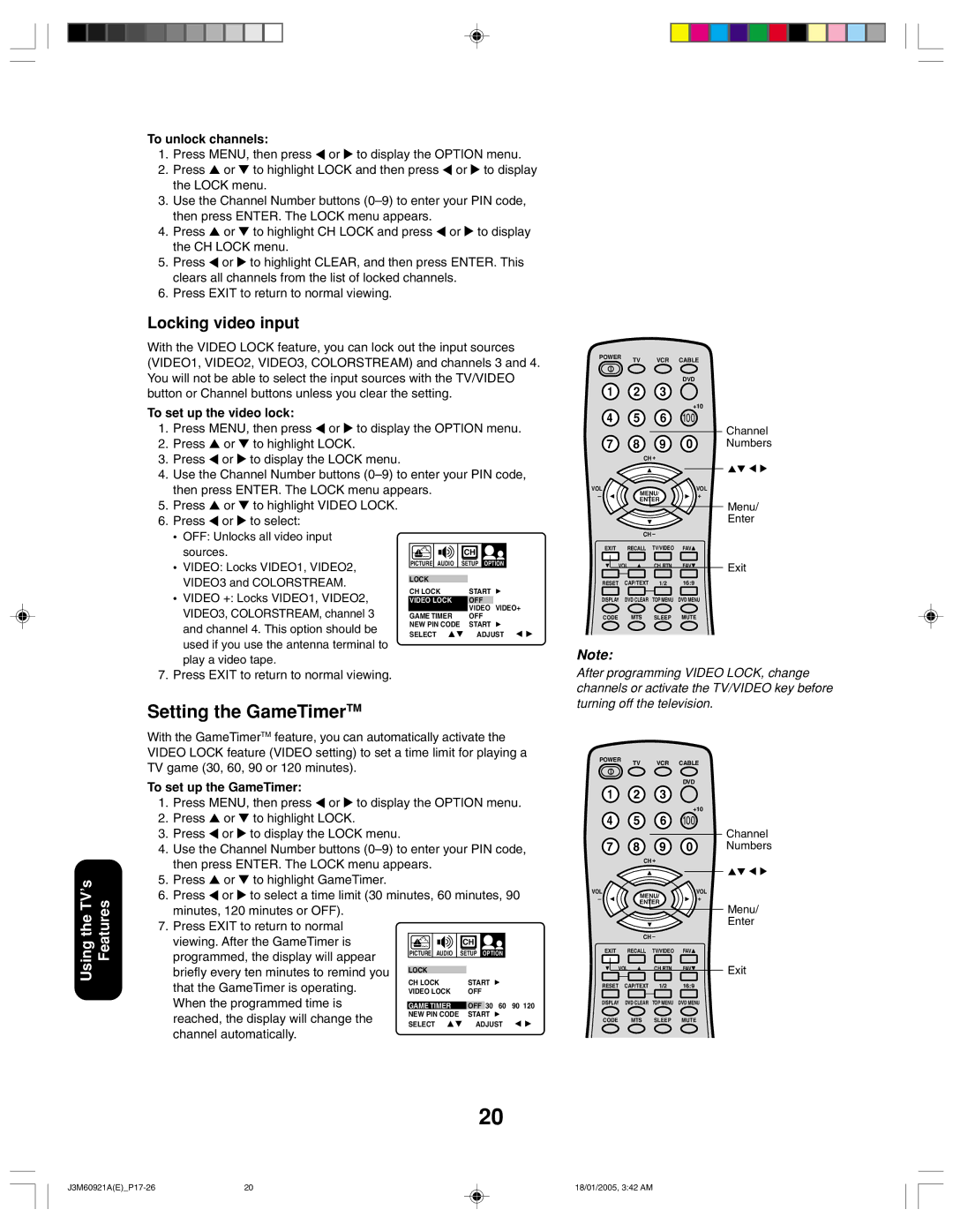 Toshiba 24AF45C appendix Setting the GameTimerTM, Locking video input 