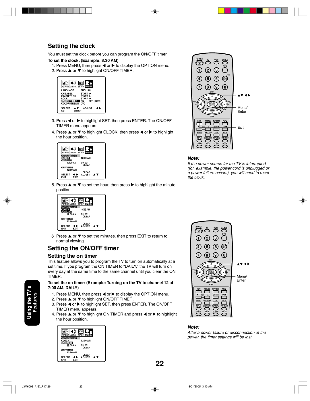 Toshiba 24AF45C appendix Setting the clock, Setting the ON/OFF timer, Setting the on timer, To set the clock Example 830 AM 